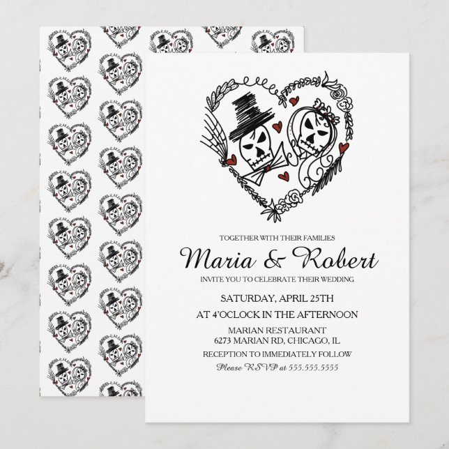 Invitaciones a la boda del esqueleto blanco negro  (Anverso / Reverso)