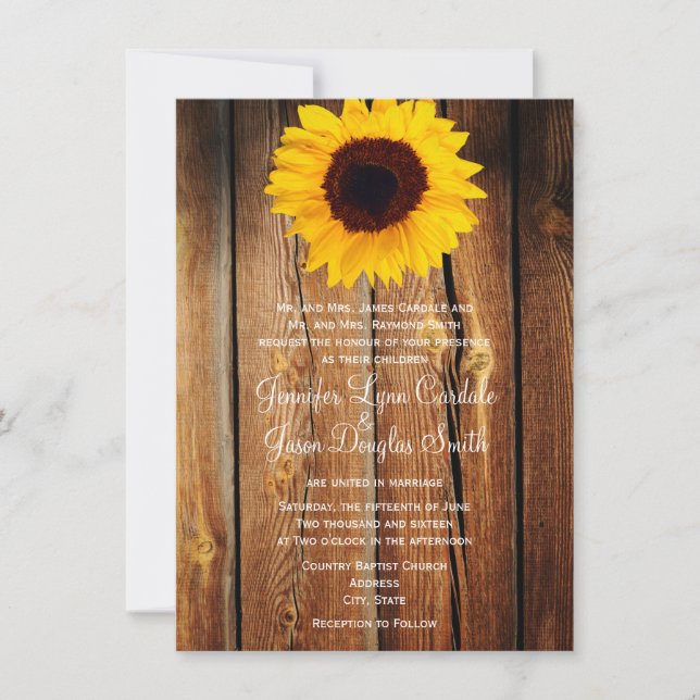 Invitaciones a la boda del girasol de la madera de (Anverso)
