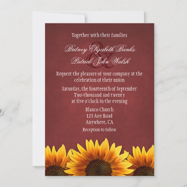 Invitaciones a la boda del girasol en el tablero r (Anverso)