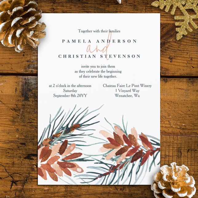 Invitaciones a la boda del Green Invierno, Cones d (rustic brown terracotta winter pinecone wedding invitation watercolor winter plants wedding)