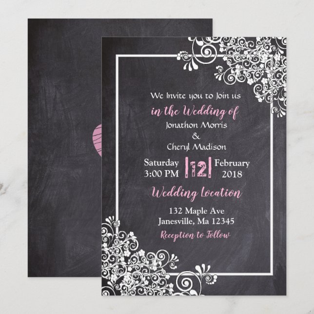 Invitaciones a la boda del guión negro y rosado de (Anverso / Reverso)