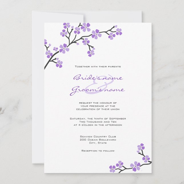 Invitaciones a la boda del morado de cerezo (Anverso)