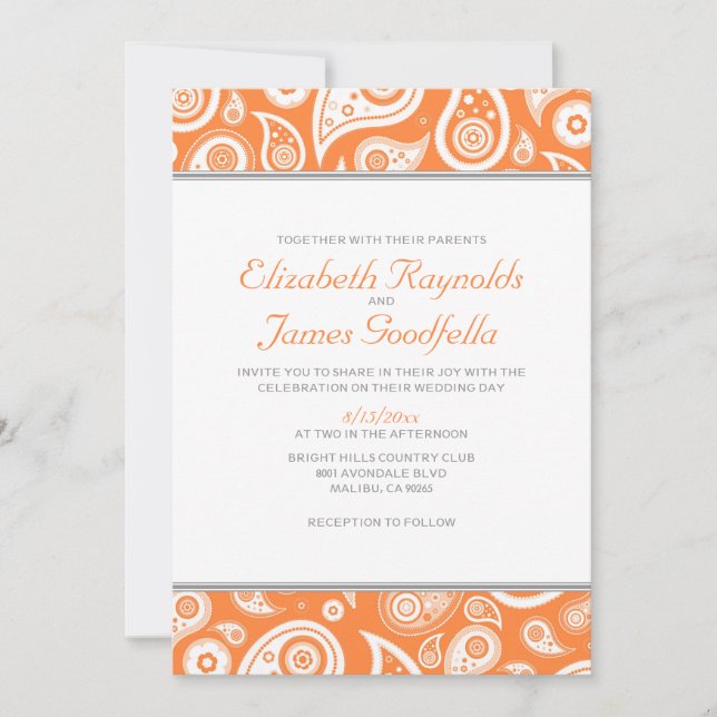 Invitaciones a la boda del Naranja Paisley (Anverso)
