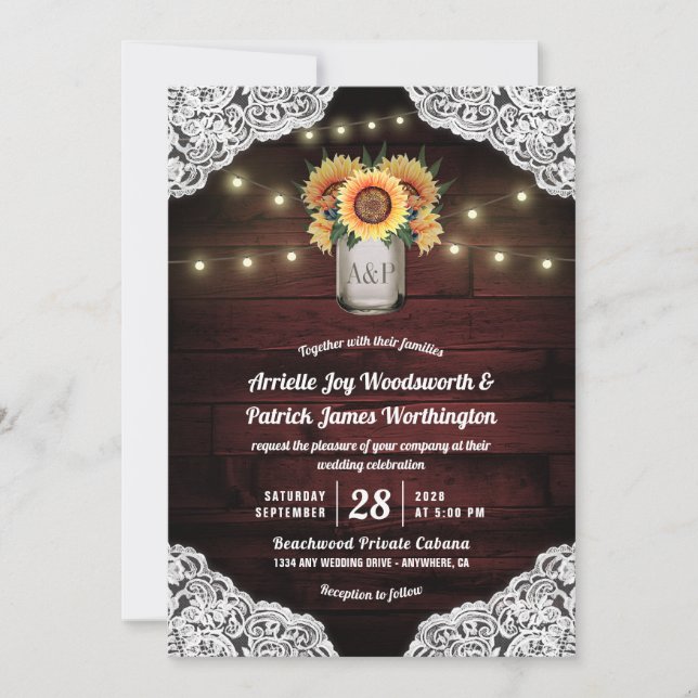 Invitaciones a la boda del Sunflower Mason Jar Woo (Anverso)