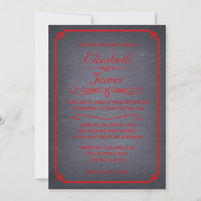 Invitaciones a la boda del tablero rojo y negro (Anverso)