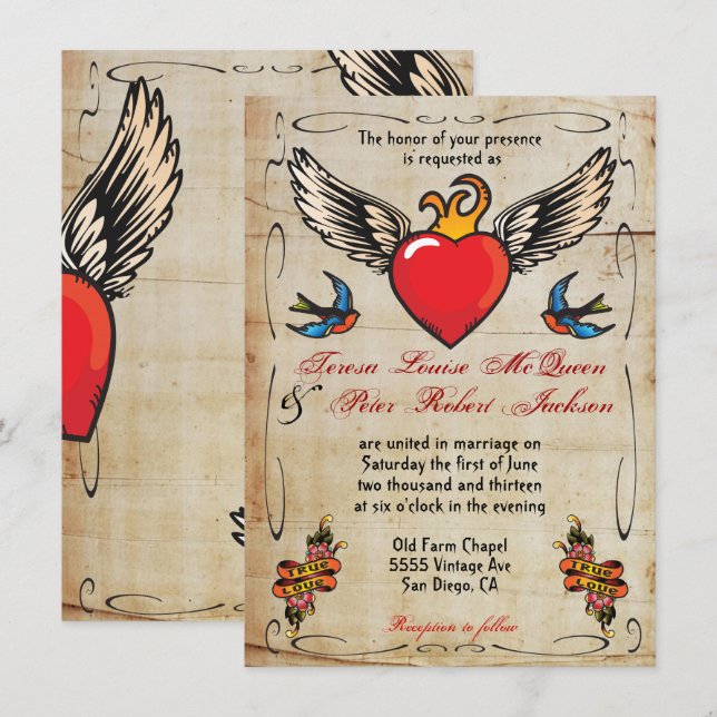 Invitaciones a la boda del tatuaje del corazón ala (Anverso / Reverso)