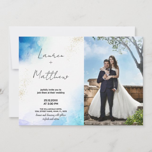 Invitaciones a la Boda Dorada Azul con foto (Anverso)