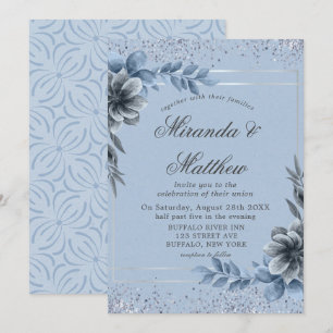 Invitaciones a la boda dorada con flores azules