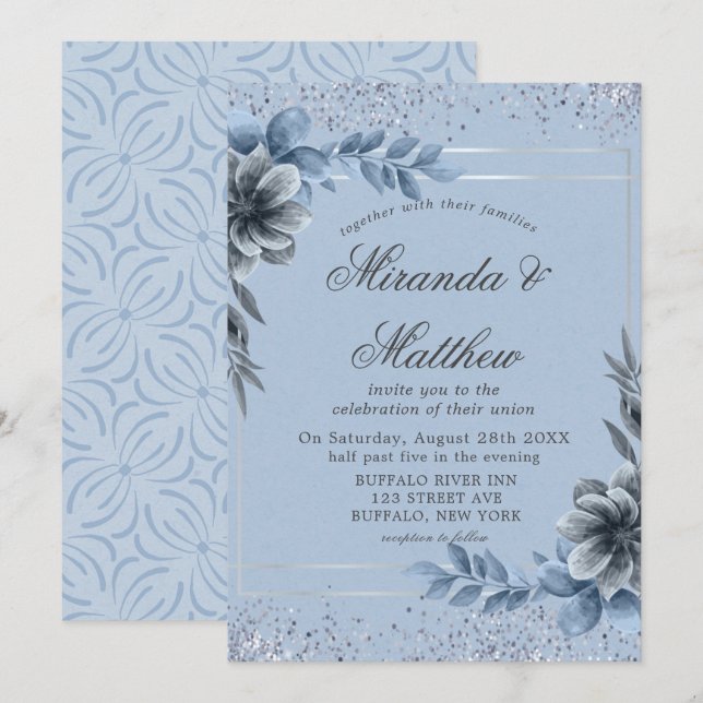 Invitaciones a la boda dorada con flores azules (Anverso / Reverso)