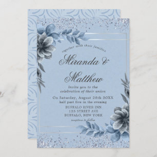 Invitaciones a la boda dorada con flores azules