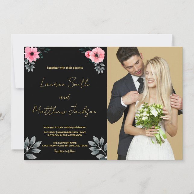 Invitaciones a la Boda Dorada con Flores Rosa con  (Anverso)