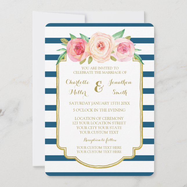 Invitaciones a la Boda Dorada de la Marina Floral  (Reverso)