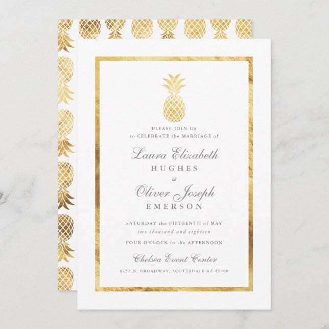 Invitaciones a la Boda Dorada de la Piña Tropical (Anverso / Reverso)