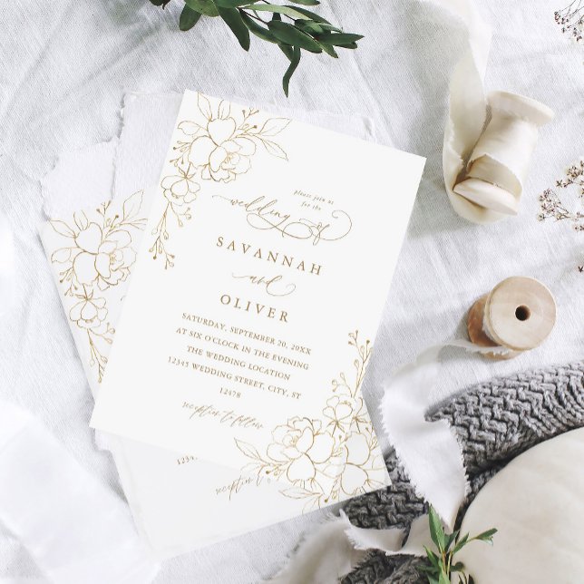 Invitaciones a la Boda Dorada Floral Blanca y Dora (Subido por el creador)
