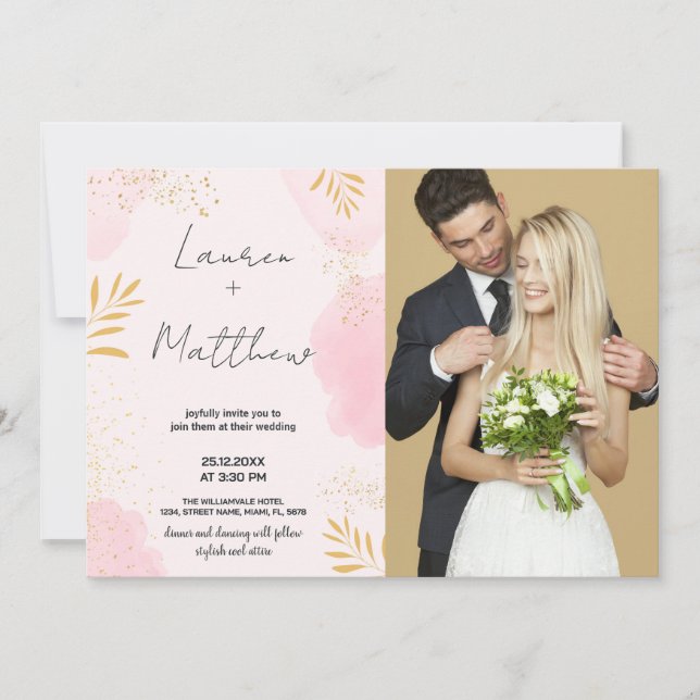 Invitaciones a la Boda Dorada Rosa con foto (Anverso)