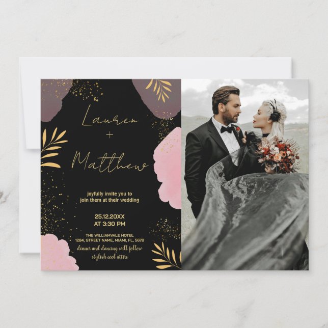 Invitaciones a la Boda Dorada Rosa Negra con foto (Anverso)