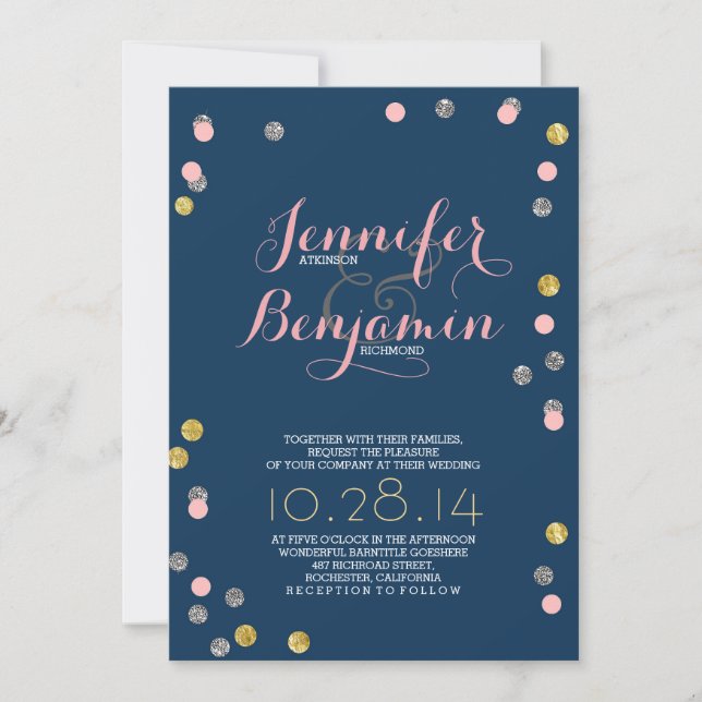 Invitaciones a la boda dorada rosada y plateada (Anverso)