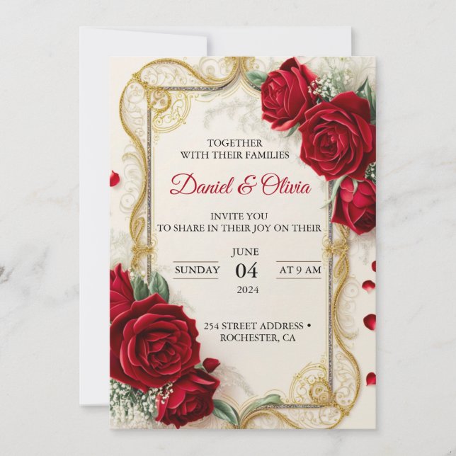 Invitaciones a la boda Elegante con flores rojas (Anverso)