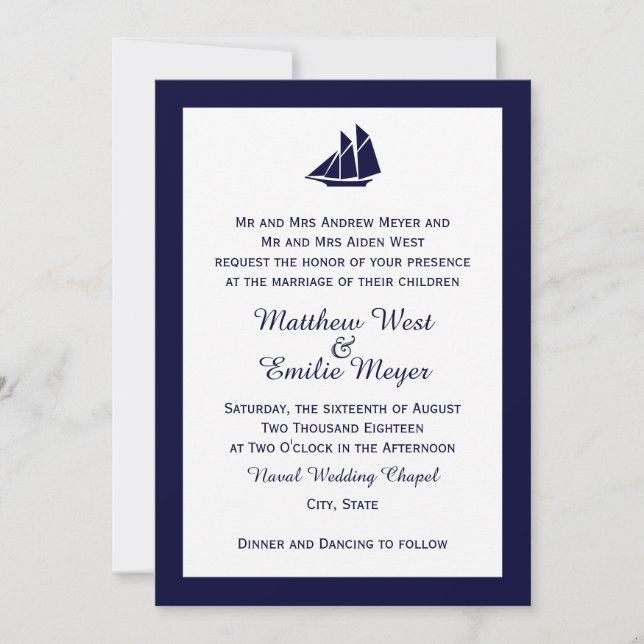 Invitaciones a la boda en barco azul de la Marina  (Anverso)