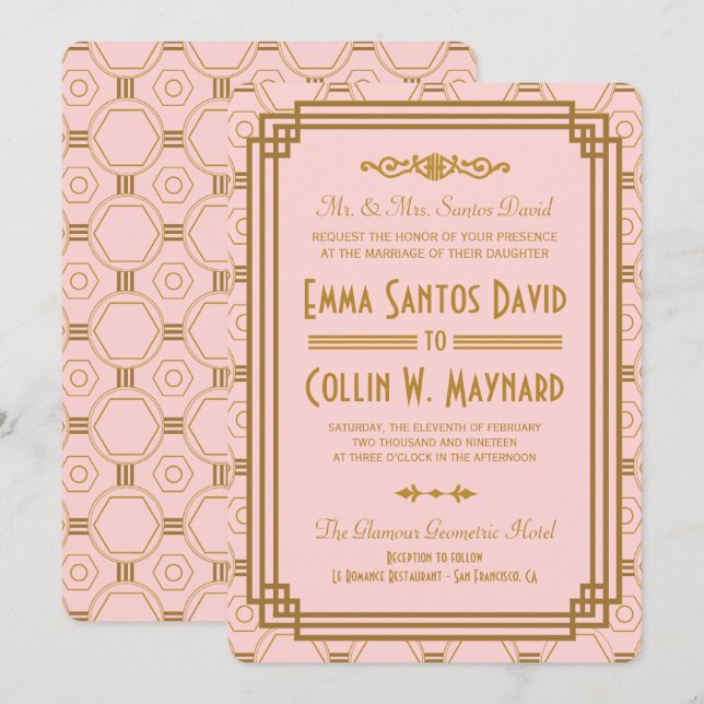Invitaciones a la boda en el Art Deco Rosado (Anverso / Reverso)