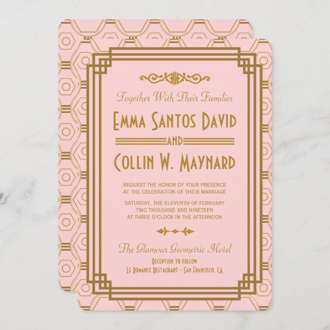 Invitaciones a la boda en el Art Deco Rosado (Anverso / Reverso)