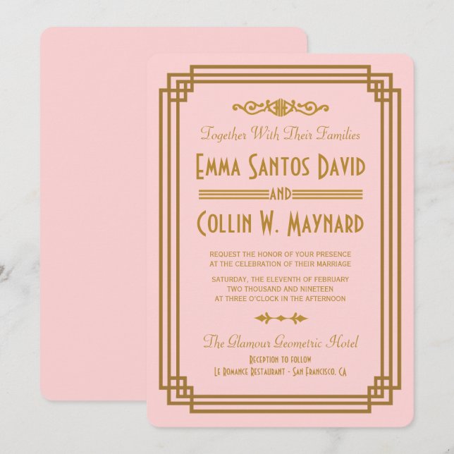 Invitaciones a la boda en el Art Deco Rosado (Anverso / Reverso)