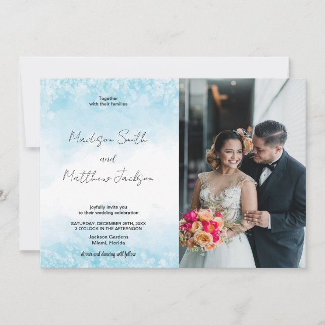 Invitaciones a la boda en la nube azul con foto (Anverso)