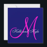 Invitaciones a la boda en monograma rosa azul<br><div class="desc">Invitaciones personalizadas de matrimonio azul marino y fucsia con Monograma y Nombres. Diseño de Elke Clarke ©. Cientos de novias satisfechas han usado este diseño único para crear sus invitaciones de boda personalizadas con sus opciones de color e información personal. Este diseño es PERFECTO para las novias que quieren que...</div>