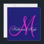 Invitaciones a la boda en monograma rosa azul<br><div class="desc">Invitaciones personalizadas de matrimonio azul marino y fucsia con Monograma y Nombres. Diseño de Elke Clarke ©. Cientos de novias satisfechas han usado este diseño único para crear sus invitaciones de boda personalizadas con sus opciones de color e información personal. Este diseño es PERFECTO para las novias que quieren que...</div>