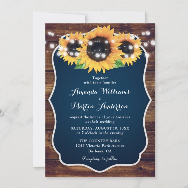 Invitaciones a la boda entre el azul y el girasol  (Anverso)