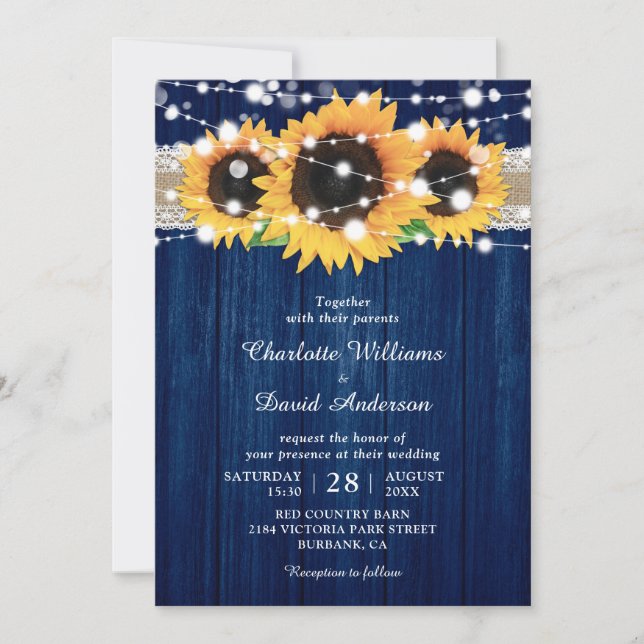 Invitaciones a la boda entre el azul y el girasol  (Anverso)