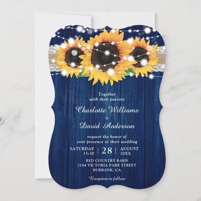 Invitaciones a la boda entre el azul y el girasol  (Anverso)