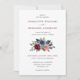 Invitaciones a la boda floral azul de Borgoña y la