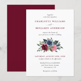 Invitaciones a la boda floral azul de Borgoña y la
