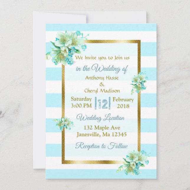 Invitaciones a la boda floral azul y dorada (Anverso)