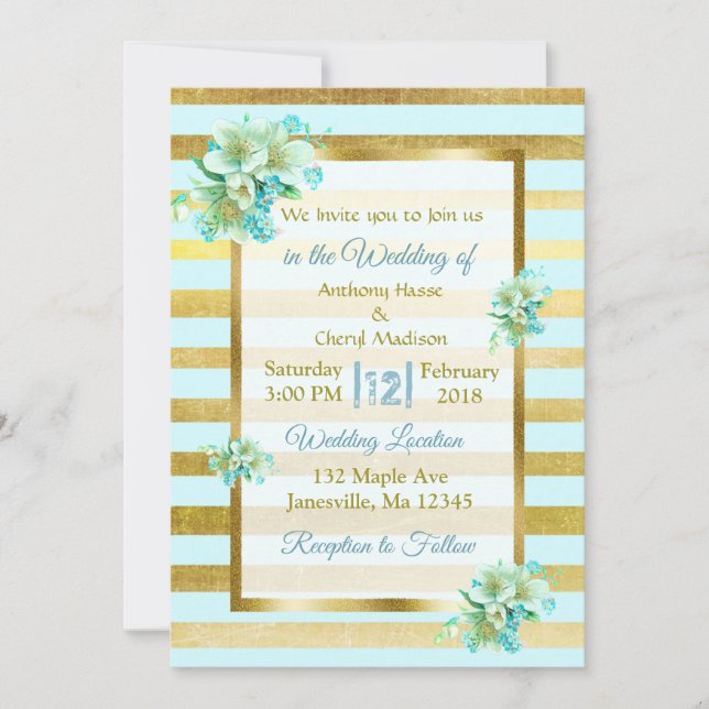 Invitaciones a la boda floral azul y dorada (Anverso)