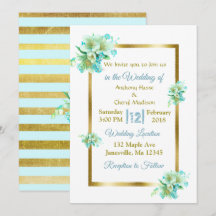 Invitaciones a la boda floral azul y dorada