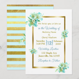 Invitaciones a la boda floral azul y dorada