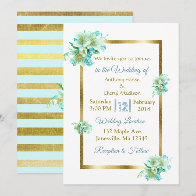 Invitaciones a la boda floral azul y dorada (Anverso / Reverso)