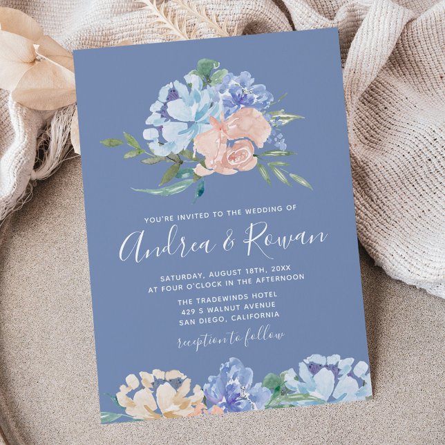 Invitaciones a la boda floral azul y rosa turquesa (Subido por el creador)