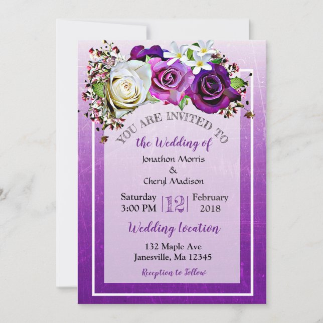 Invitaciones a la boda floral con Rosa púrpura (Anverso)