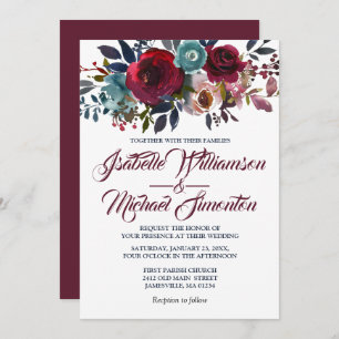 Invitaciones a la boda floral de color rojo borgoñ