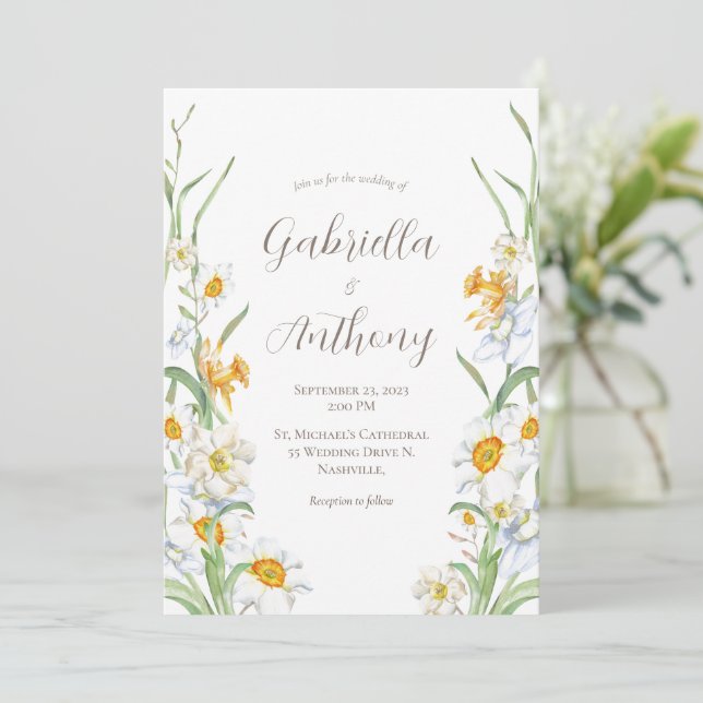 Invitaciones a la boda floral de Daffodil blanco (Anverso de pie)