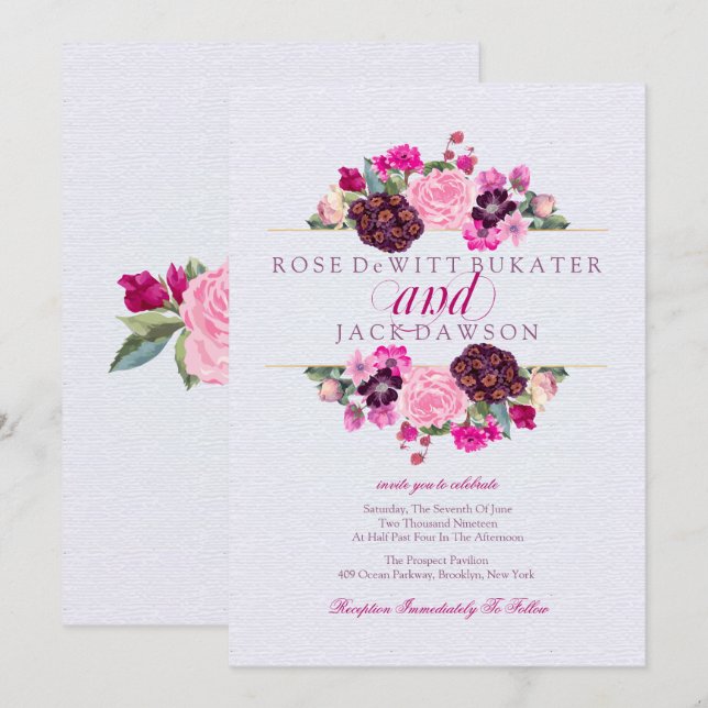 Invitaciones a la boda floral de fucsia y ciruela (Anverso / Reverso)