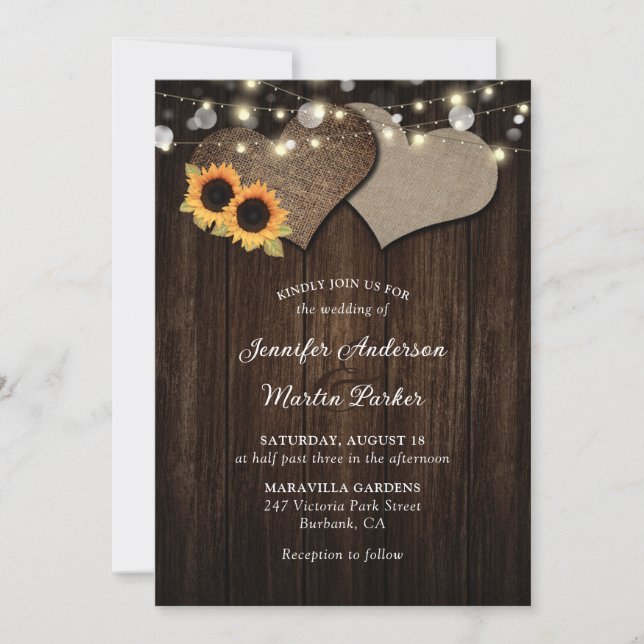 Invitaciones a la boda floral de girasol de madera (Anverso)