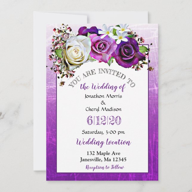 Invitaciones a la boda floral de lavanda morada Ro (Anverso)
