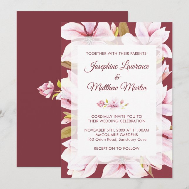 Invitaciones a la boda floral de Magnolia Burgundy (Anverso / Reverso)
