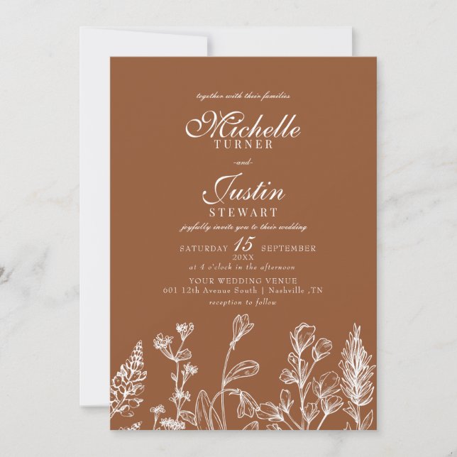 Invitaciones a la boda floral de Naranjas quemados (Anverso)