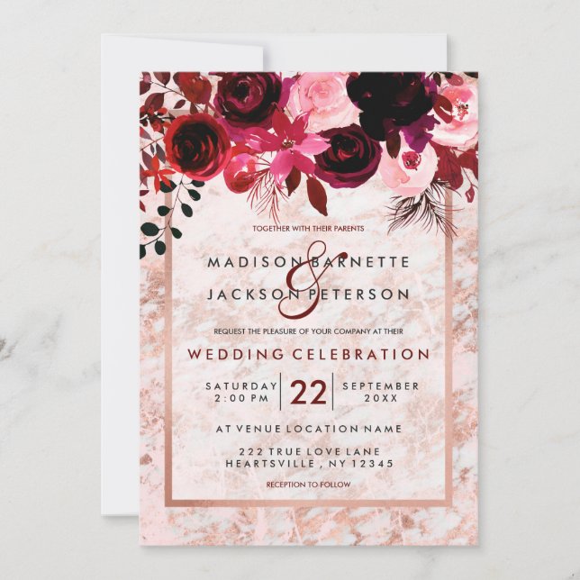 Invitaciones a la boda floral de oro y borgoña Ros (Anverso)