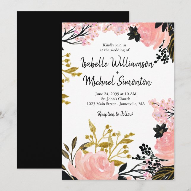 Invitaciones a la boda floral de Rubor en rosa, ne (Anverso / Reverso)